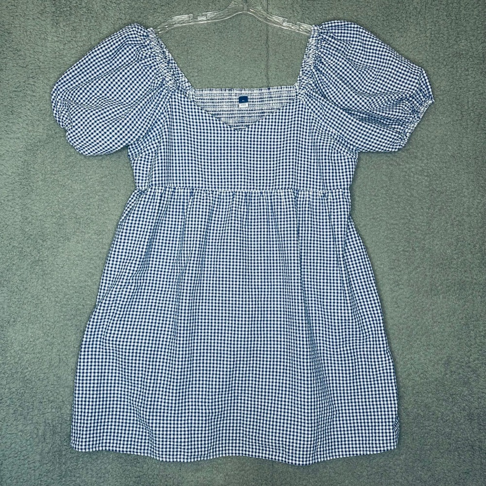 Old Navy Blue Gingham Smocked Puff Sleeve Mini Dress with Pockets XL
